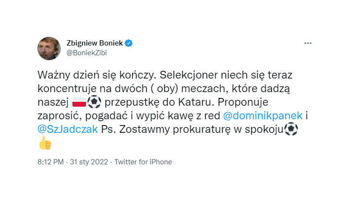 TWEET Zbigniewa Bońka po wyborze Czesława Michniewicza na selekcjonera!